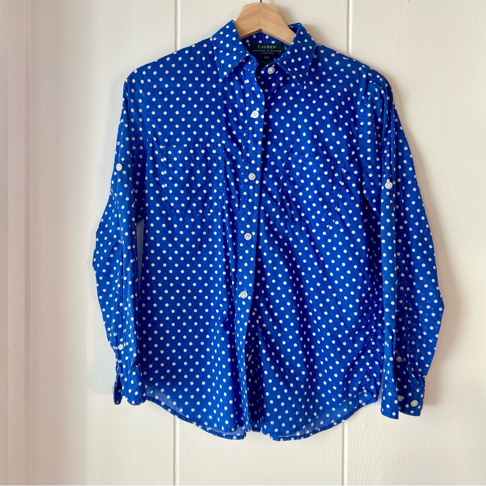 Ralph Lauren Blue and White Polka Dot cotton button down Shirt size P